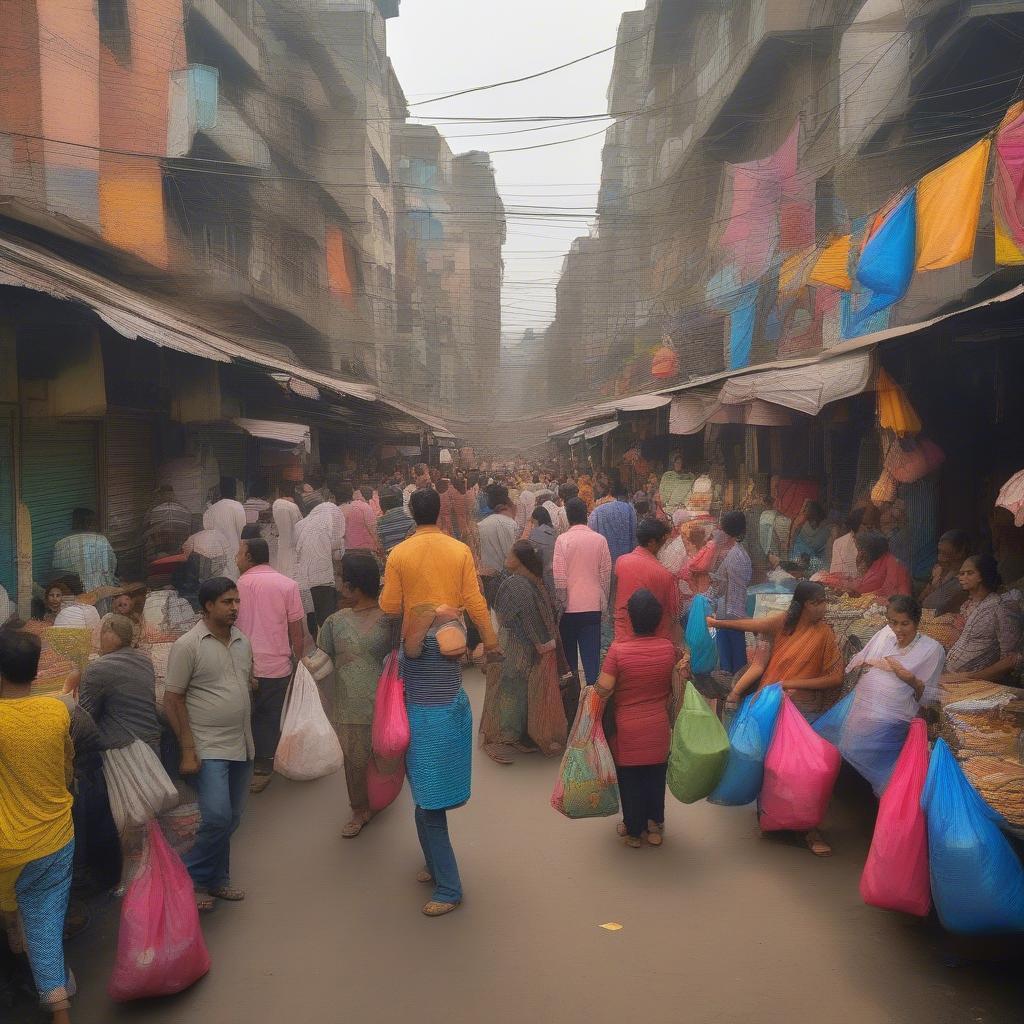 Non-woven carry bags being used at a bustling street market in Kolkata