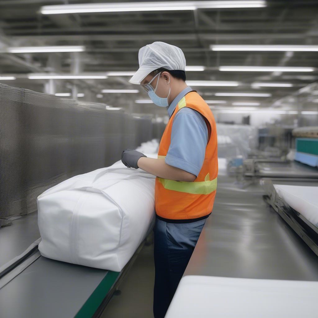 Quality control inspection of non-woven cooler bags in a factory