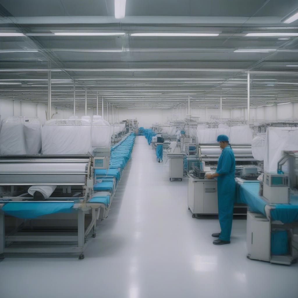 Inside a factory producing non-woven garment bags, showing machinery and workers.