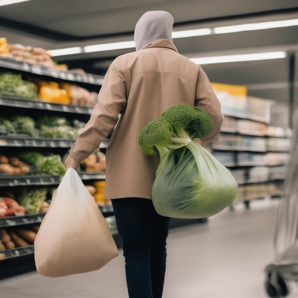 A person carrying groceries in a non-woven bag