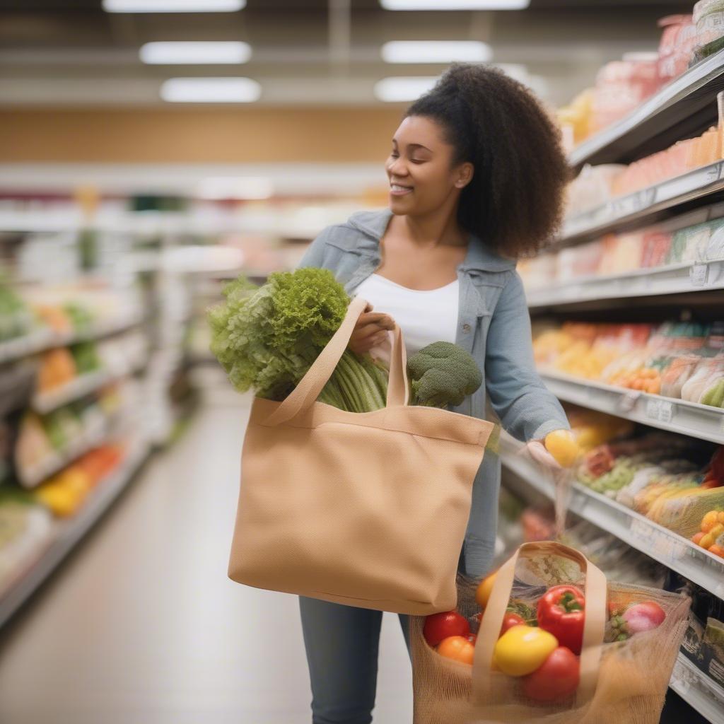 A person shopping for groceries using a non-woven insulated tote bag