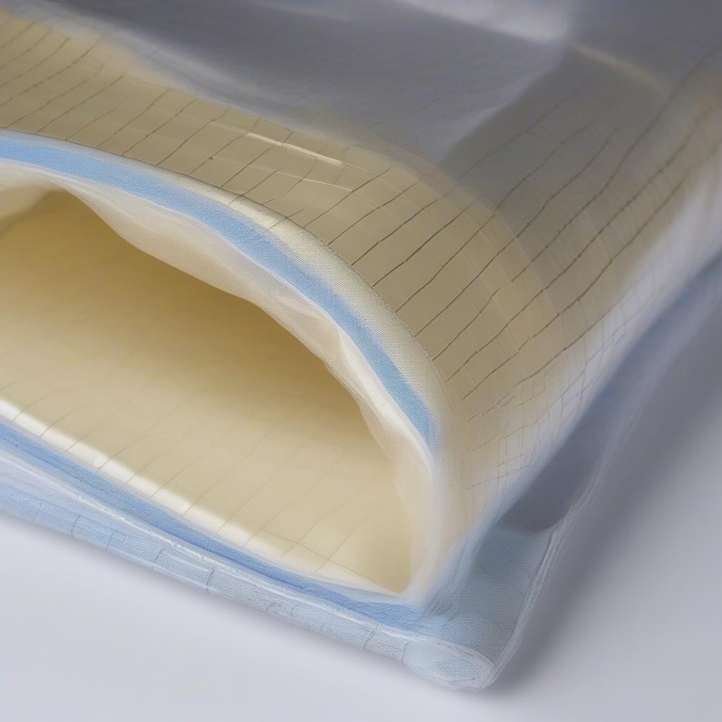 Cross-section of a non-woven laminate bag showing the layers of non-woven fabric and plastic film lamination