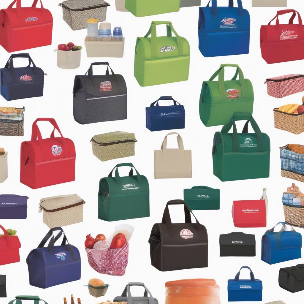 Non-woven picnic lunch cooler bags in various colors and sizes.