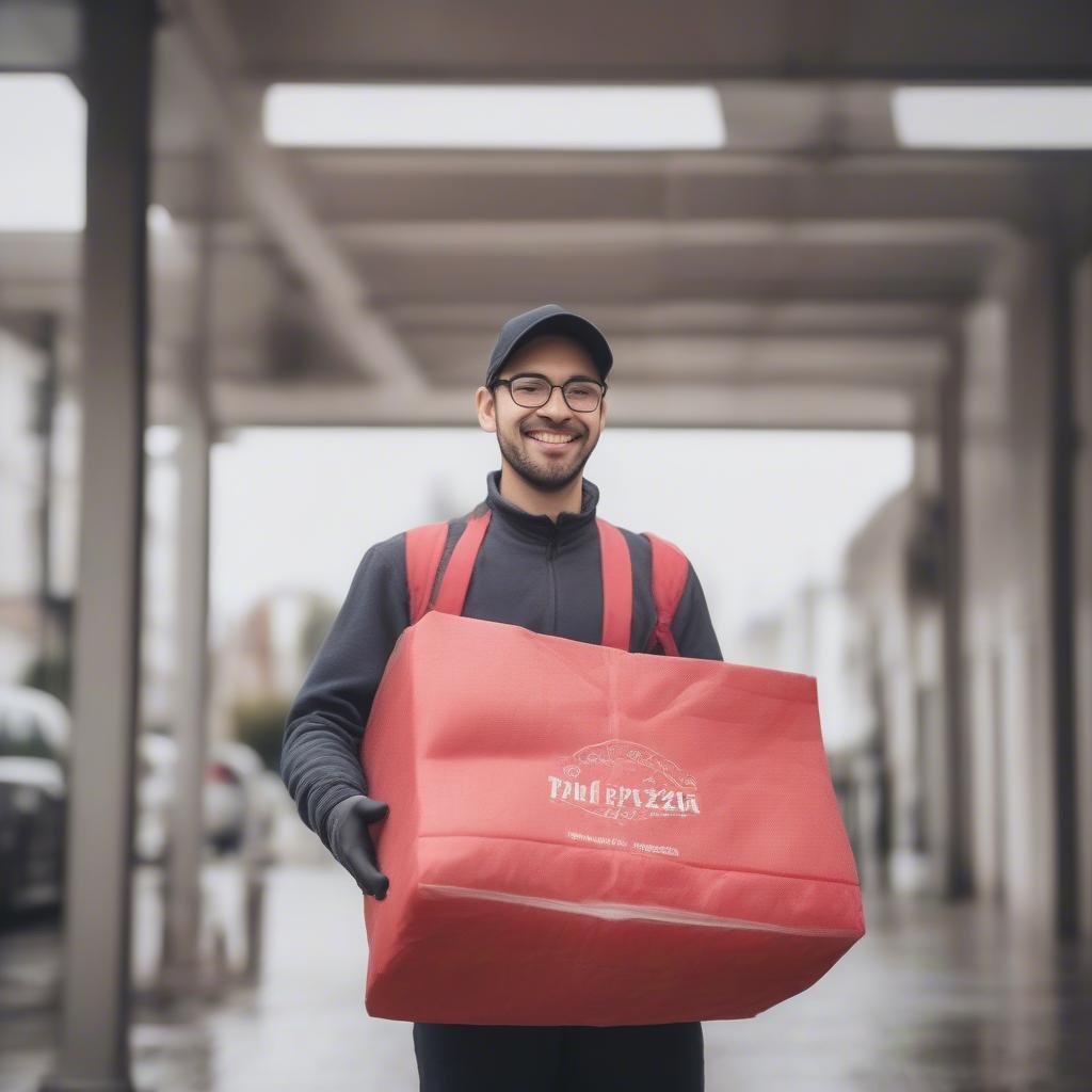 Non-woven pizza ice bag being used for a delivery