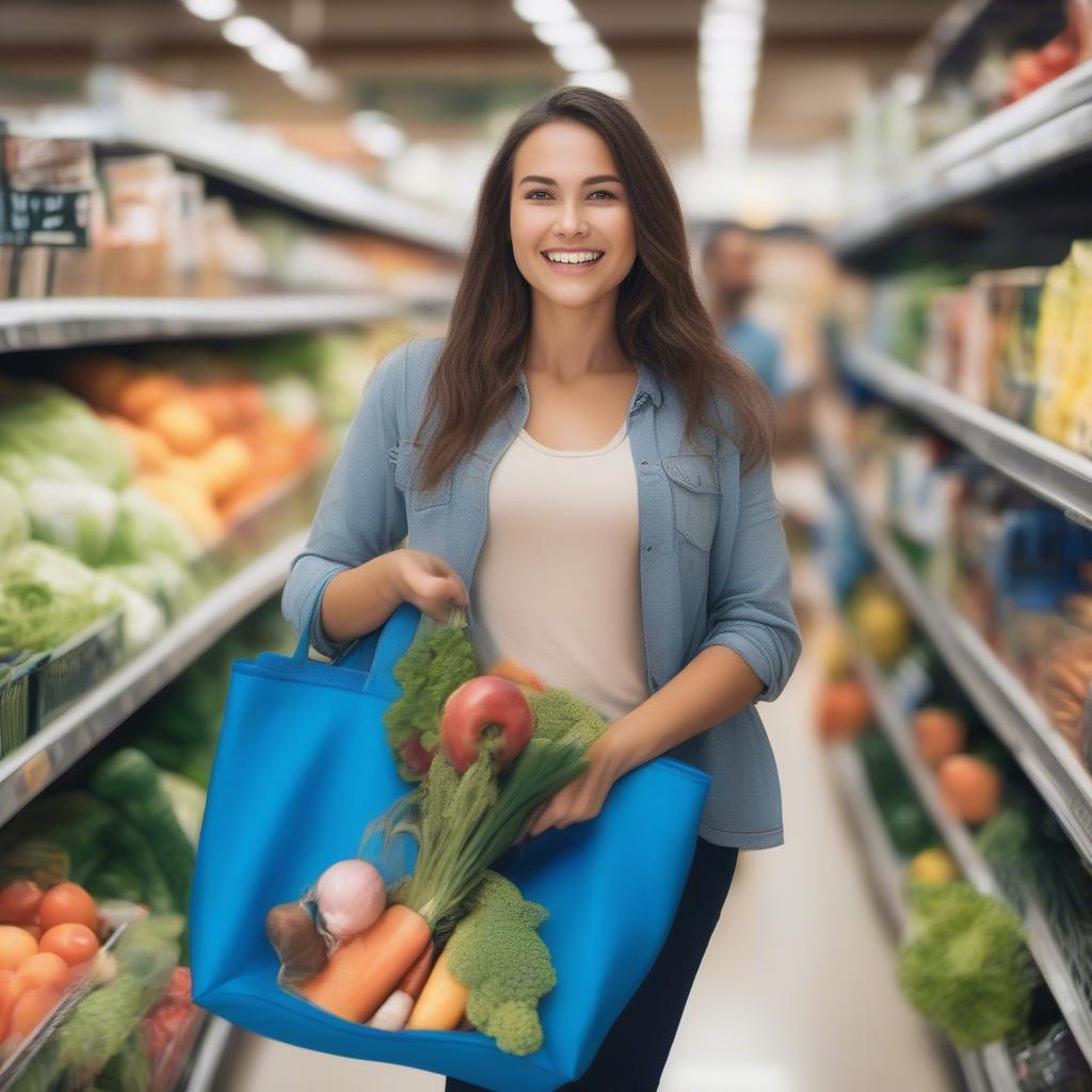 A woman shopping with a reusable non-woven polyester tote bag