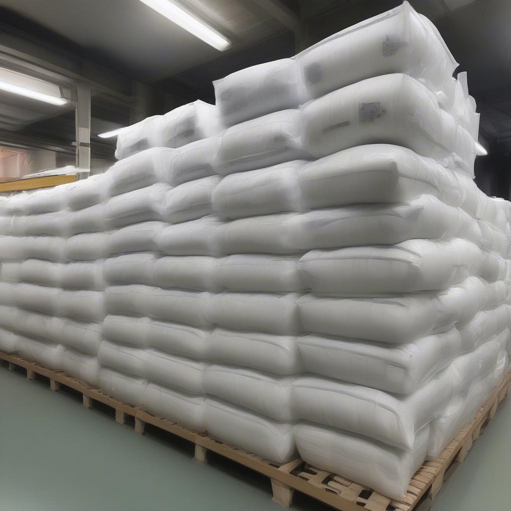 Non-woven PVC bags stacked in a bedding factory warehouse