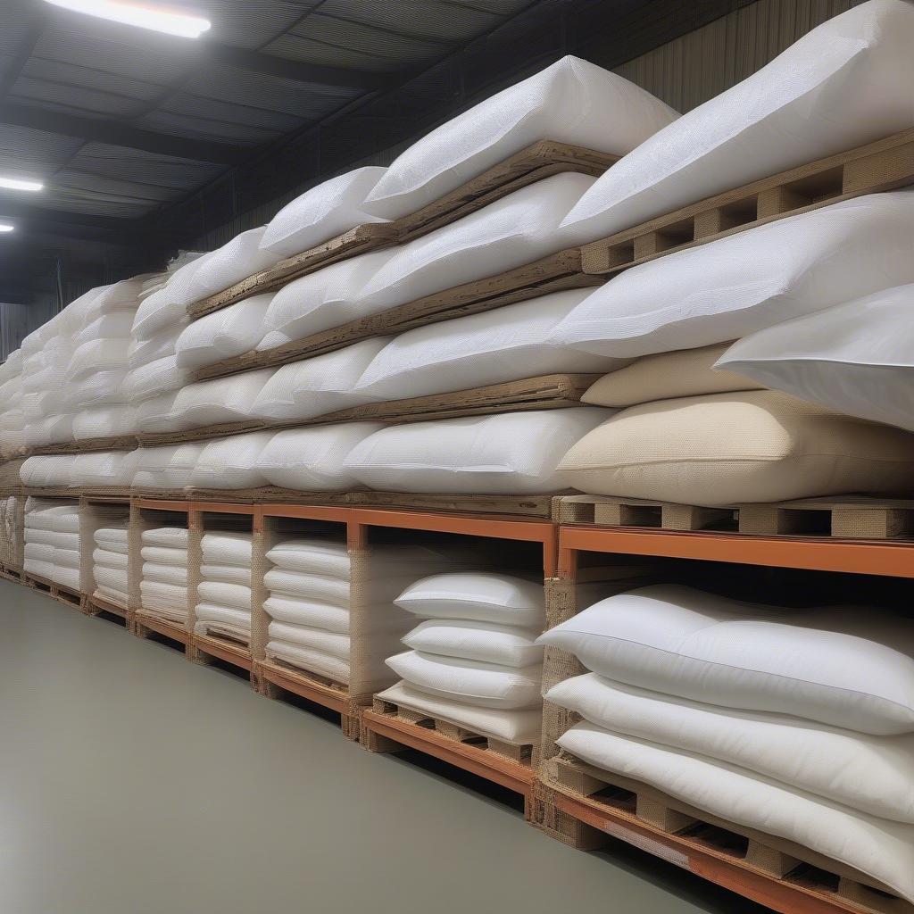 Non-woven PVC sewing bags being used in a bedding factory for packaging and storage.