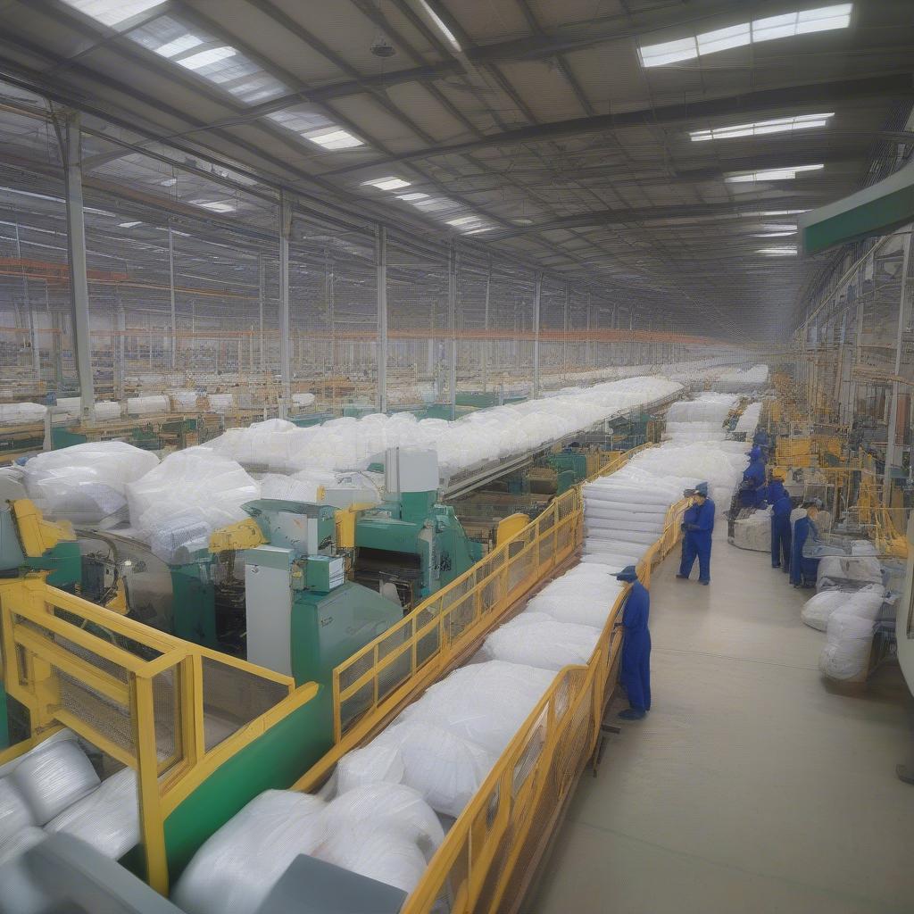 Non woven recycling bag factory production line showing workers and machinery