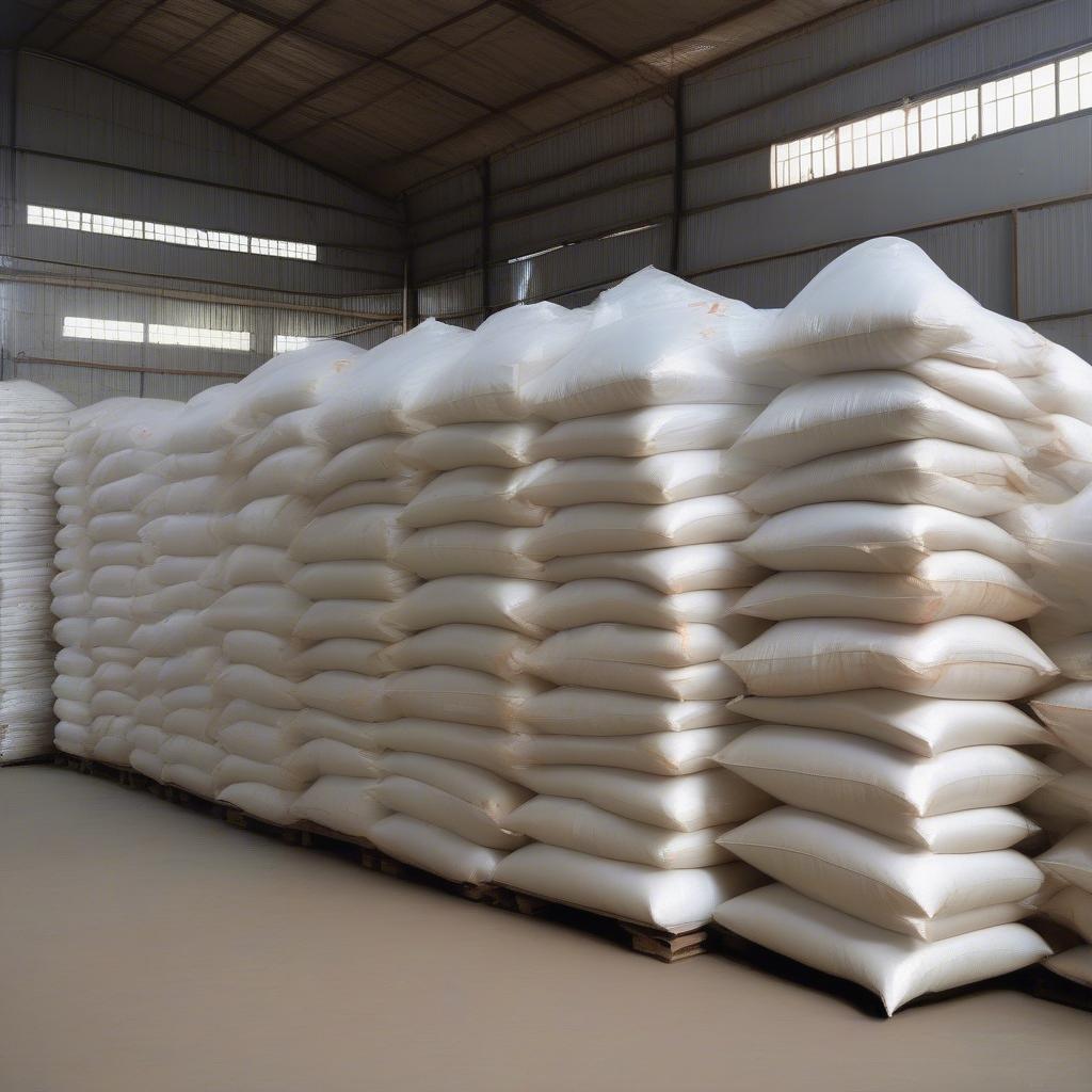 Non-woven rice bags stacked in a warehouse in India, showcasing their durability and practicality for rice storage.