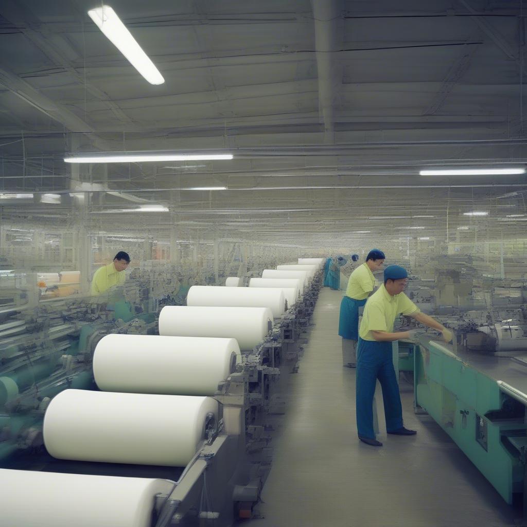 A bustling production line in a non-woven shopping bag factory, showcasing the various stages of bag manufacturing, from raw material processing to finished product.