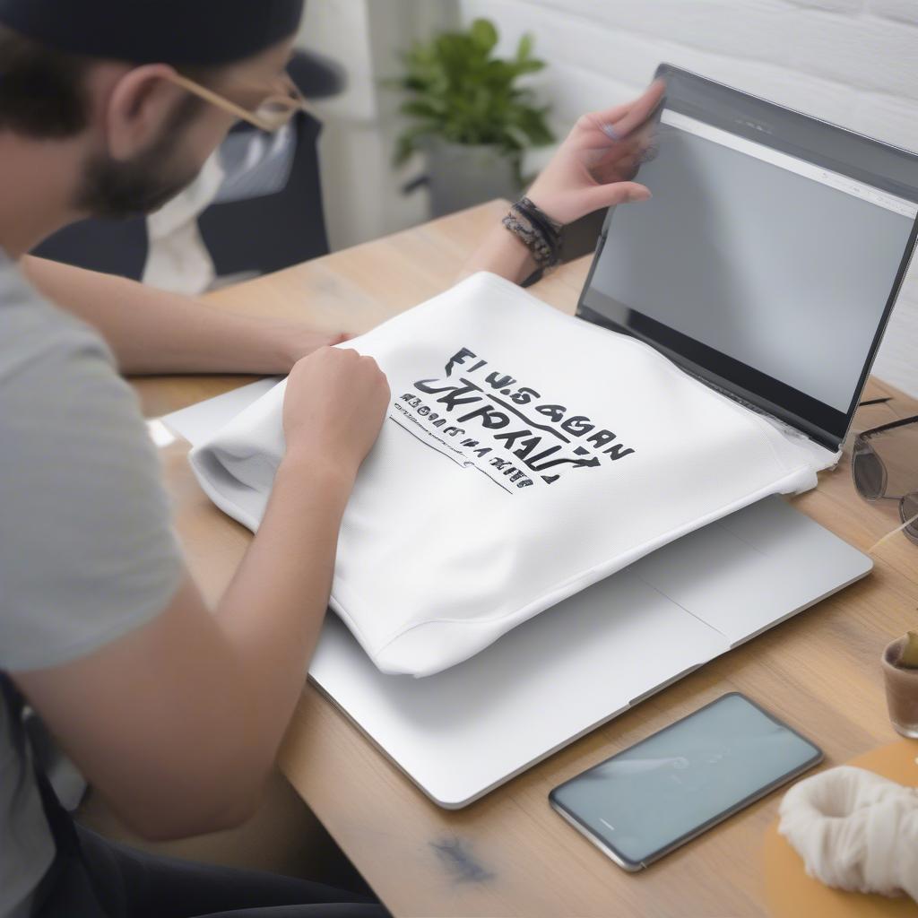 Non woven t-shirt bag mockup displayed on a laptop screen