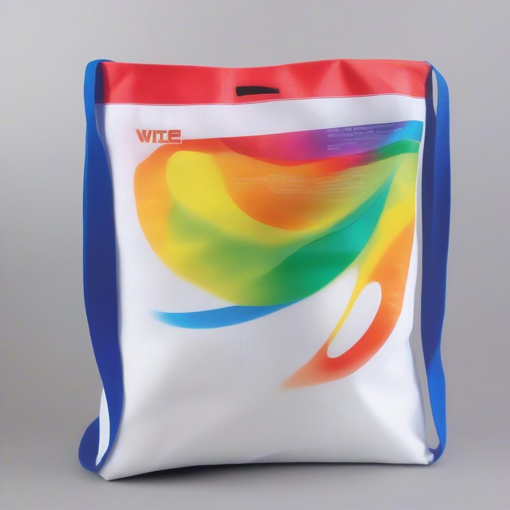 A white non-woven t-shirt bag printed with a company logo, showcasing its potential for promotional use.