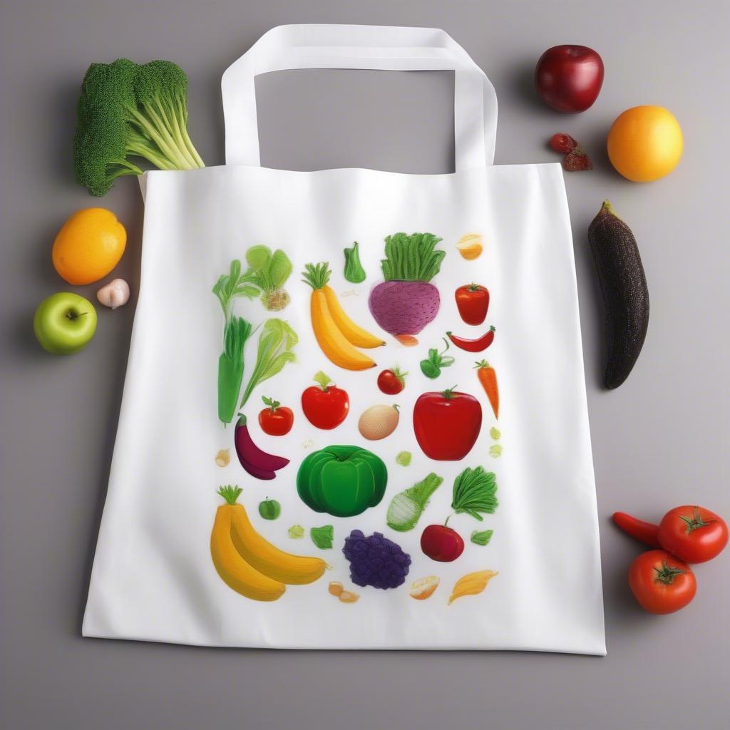 A white non-woven t-shirt bag filled with groceries, demonstrating its practical use for everyday shopping.