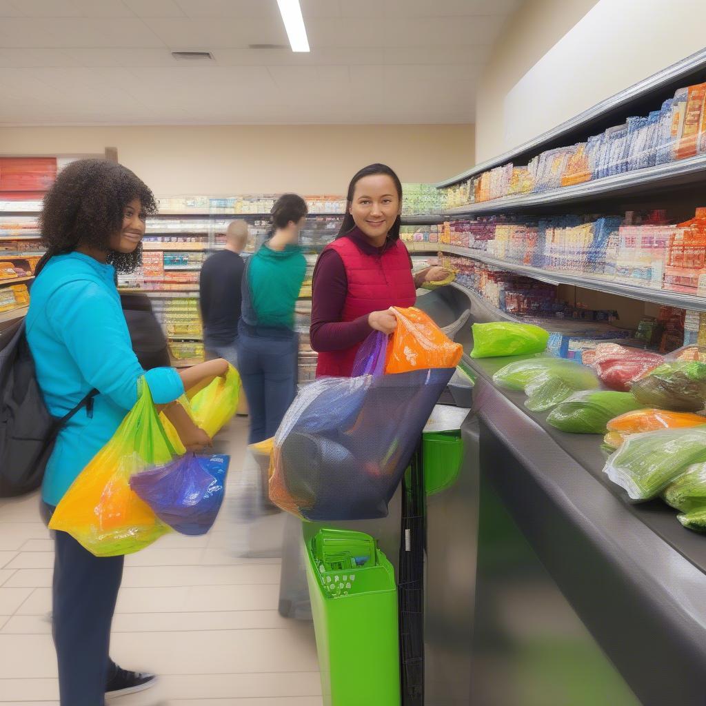 Non woven vest carry bags being used at a supermarket checkout.