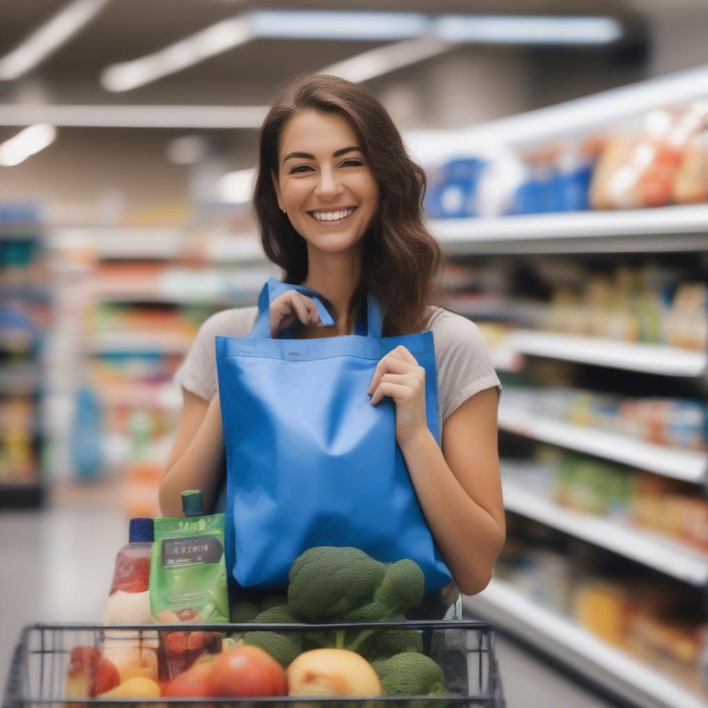 A woman shopping with a reusable non-woven waterproof bag