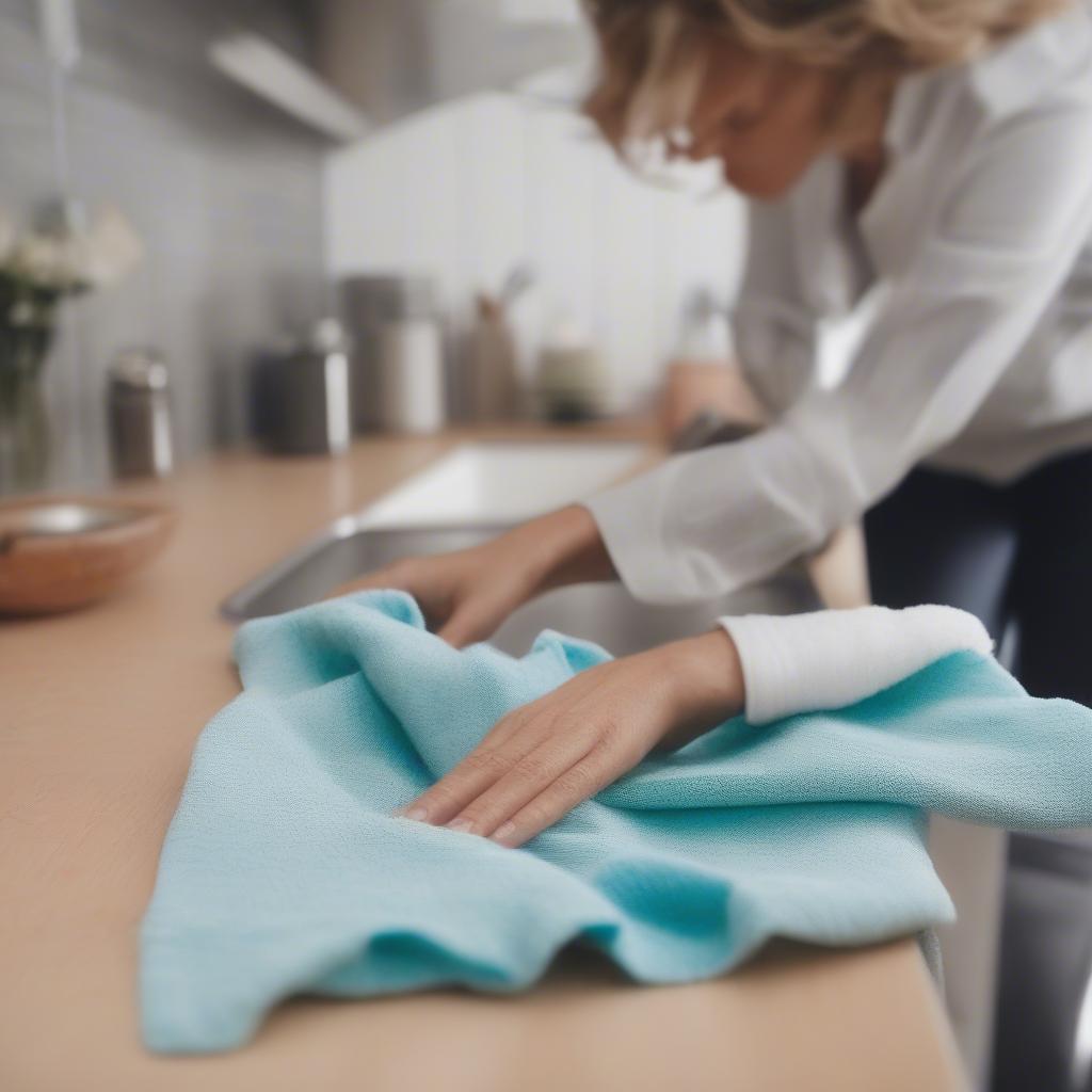 Now Designs Basket Weave Dishcloth being used to wipe a kitchen counter.