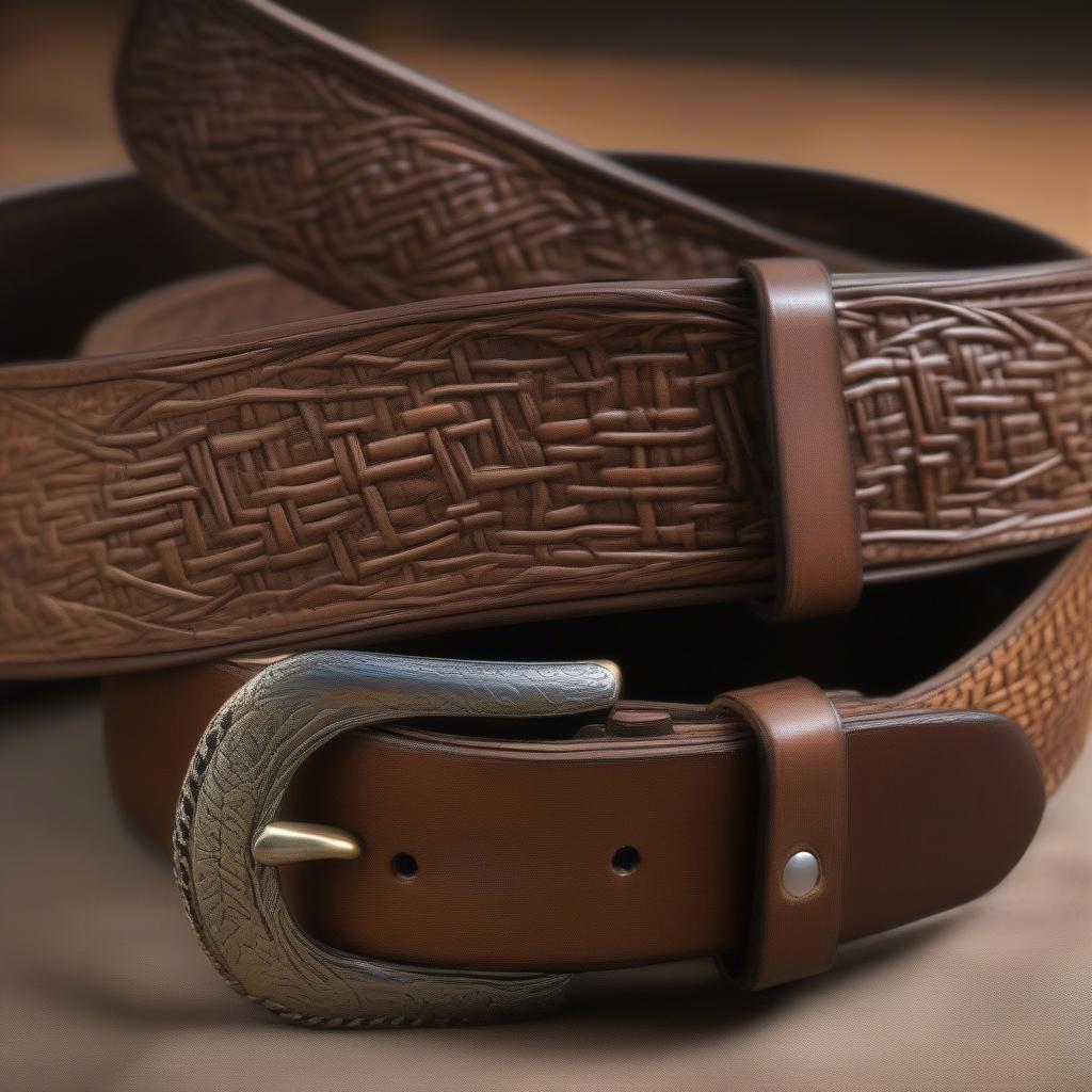 Close-up view of an NRA tracker basket weave gun belt showcasing the intricate details of the weaving pattern and the high-quality leather.