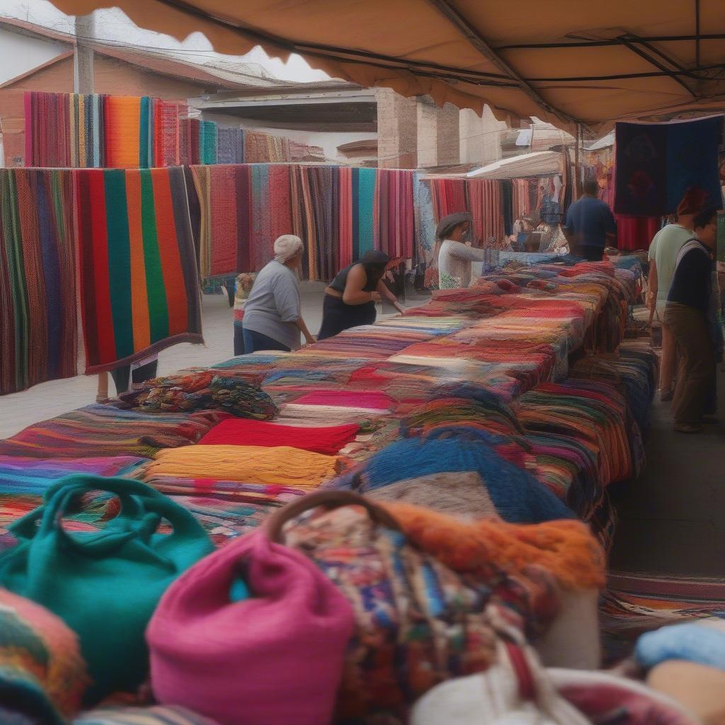 Oaxaca woven bags displayed in a vibrant market scene