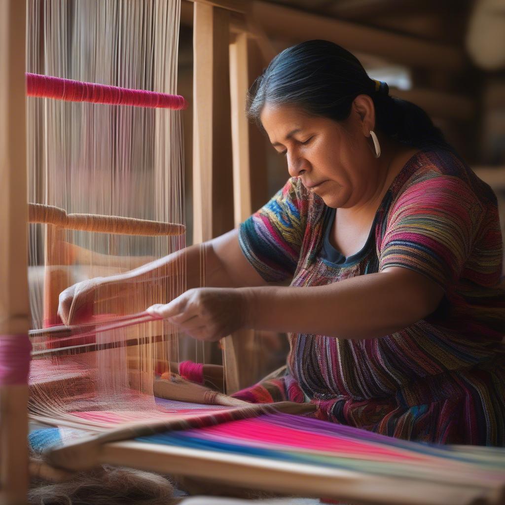 Oaxacan artisan weaving a tote bag on a traditional loom.