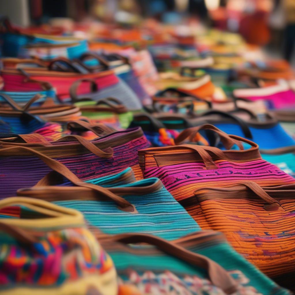 Oaxacan woven tote bag displayed at a vibrant artisanal market.