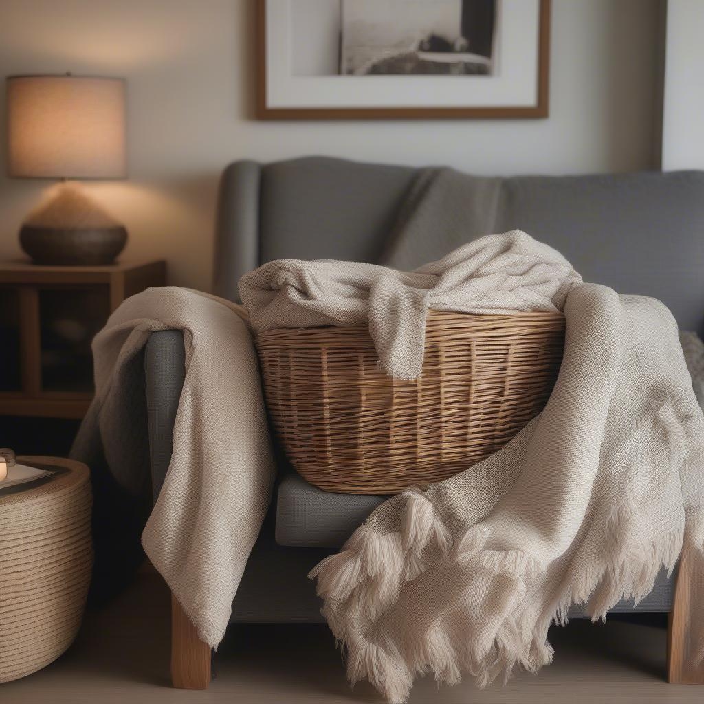 Oblong wicker basket used for storing blankets and throws in a living room setting.