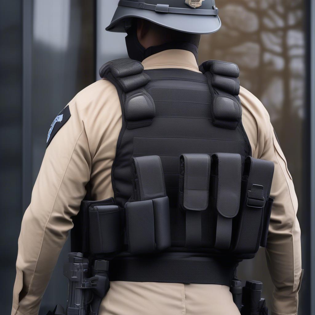 Officer wearing a padded duty belt with various gear.