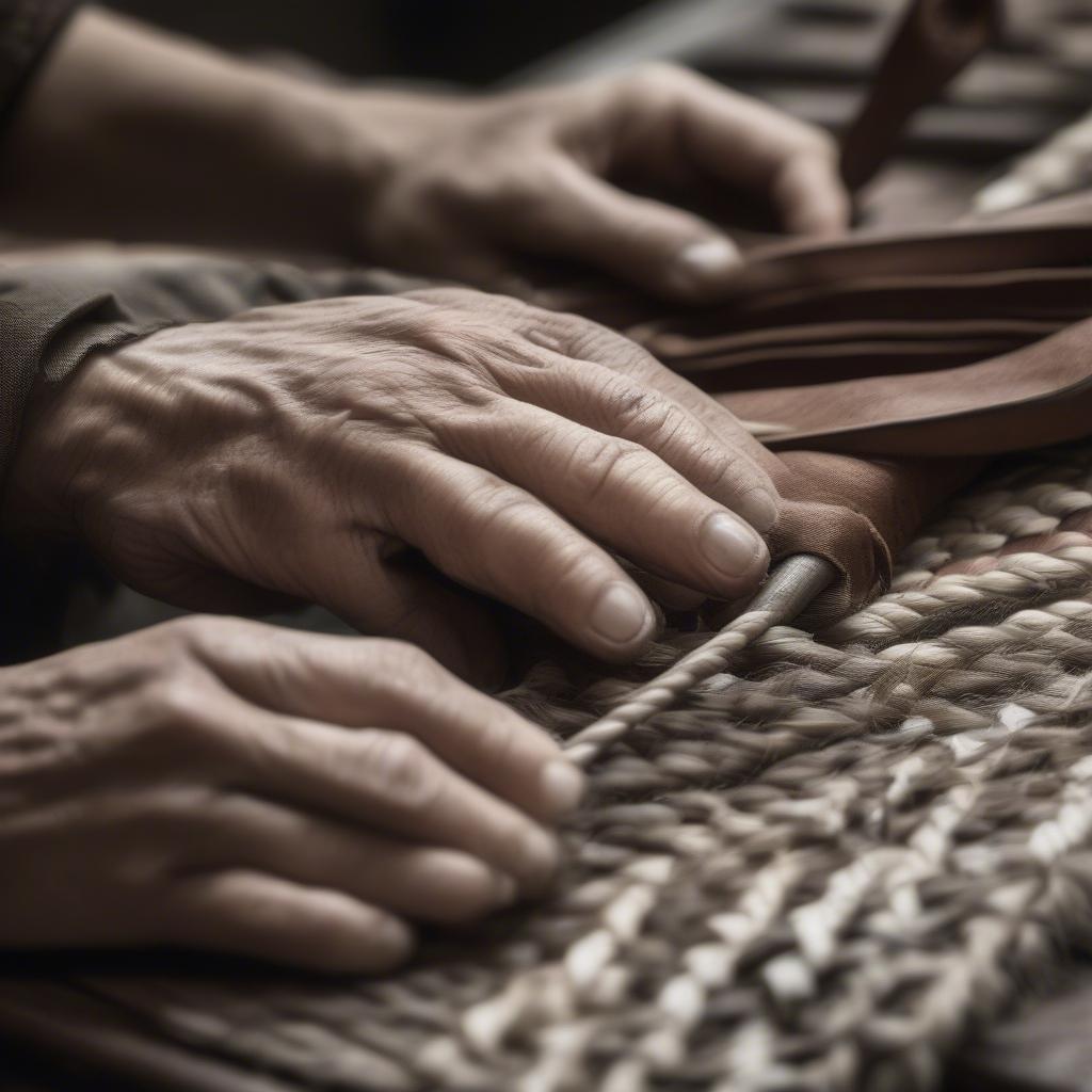 Artisan's hands meticulously weaving the leather and other materials for an Officine Creative bag.