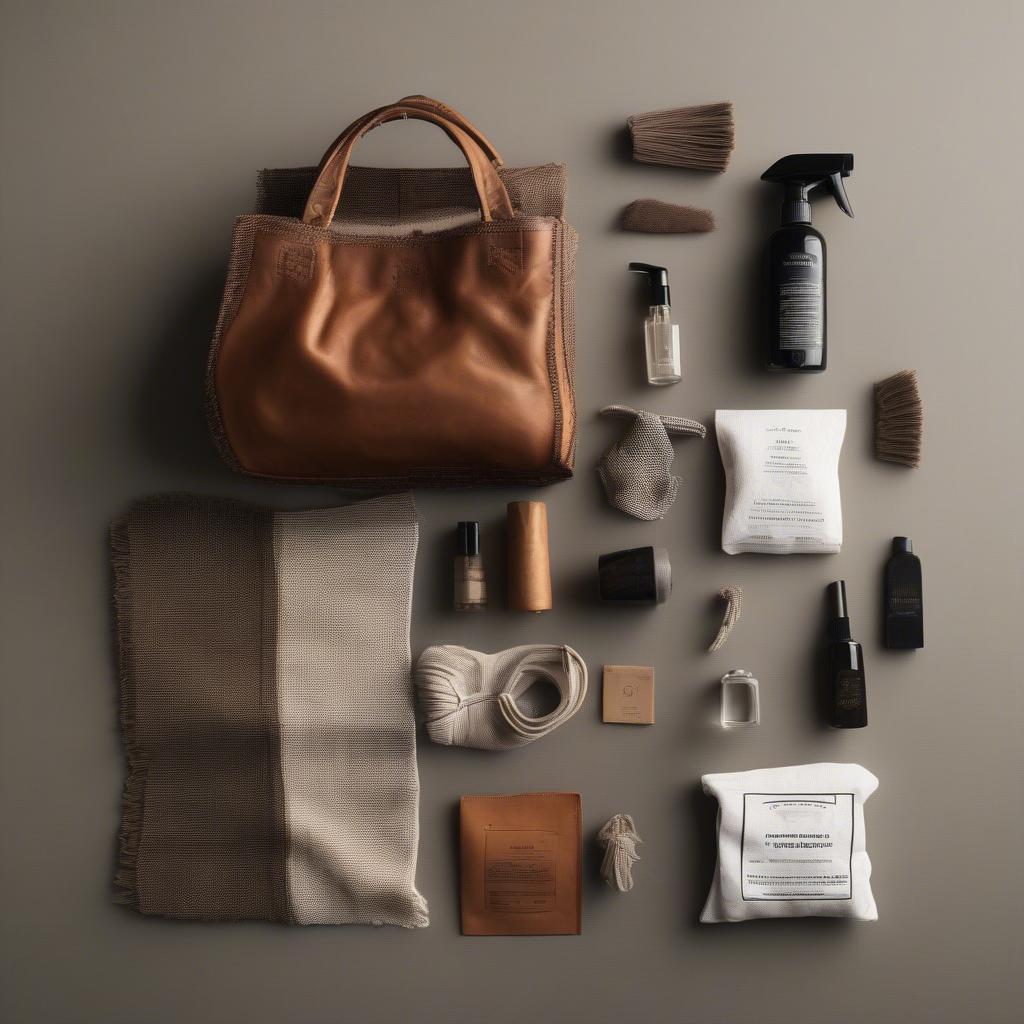 Different tools and products for cleaning and maintaining an Officine Creative woven bag.