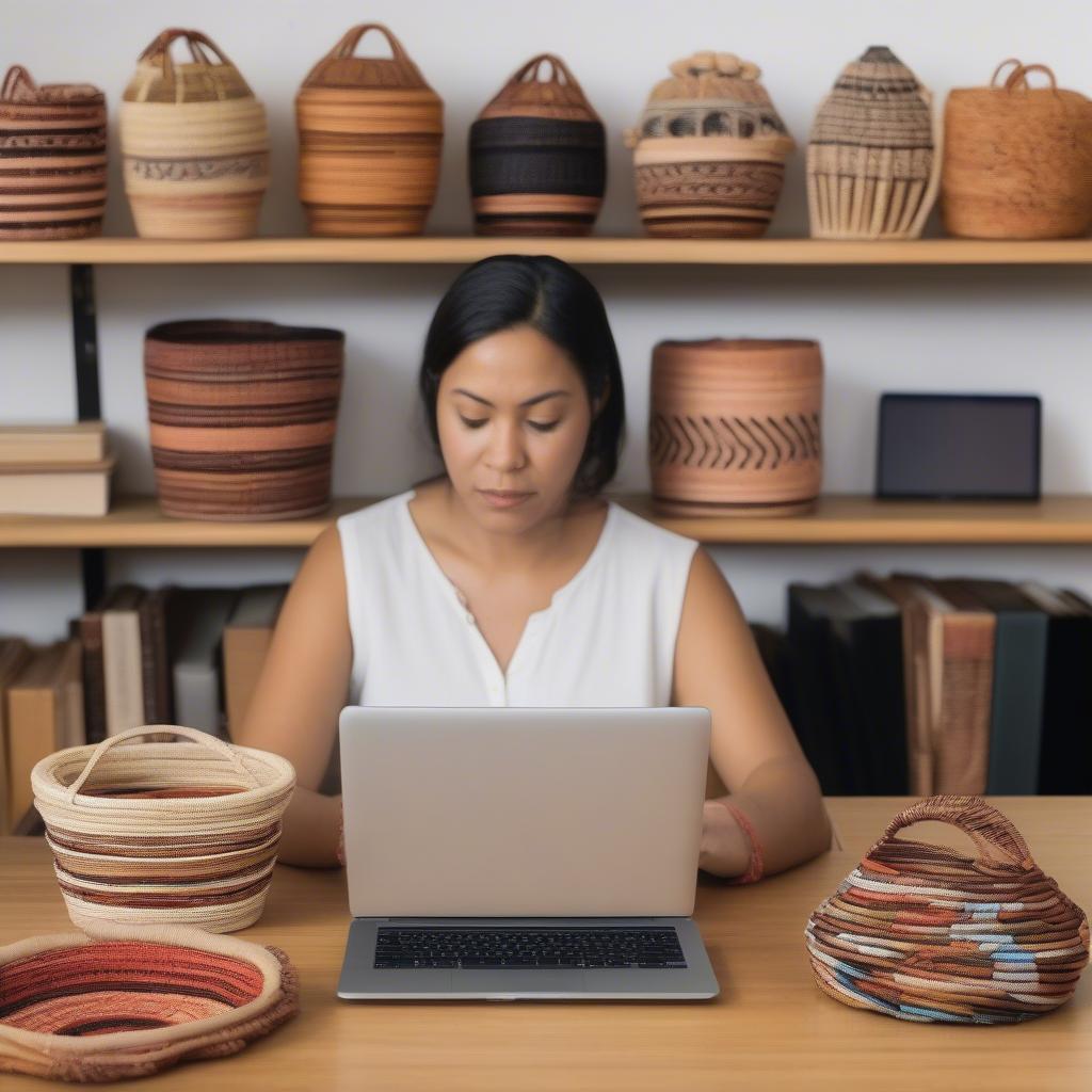 A person browsing aboriginal basket weaving books on an online bookstore website, with different book covers and titles visible on the screen.