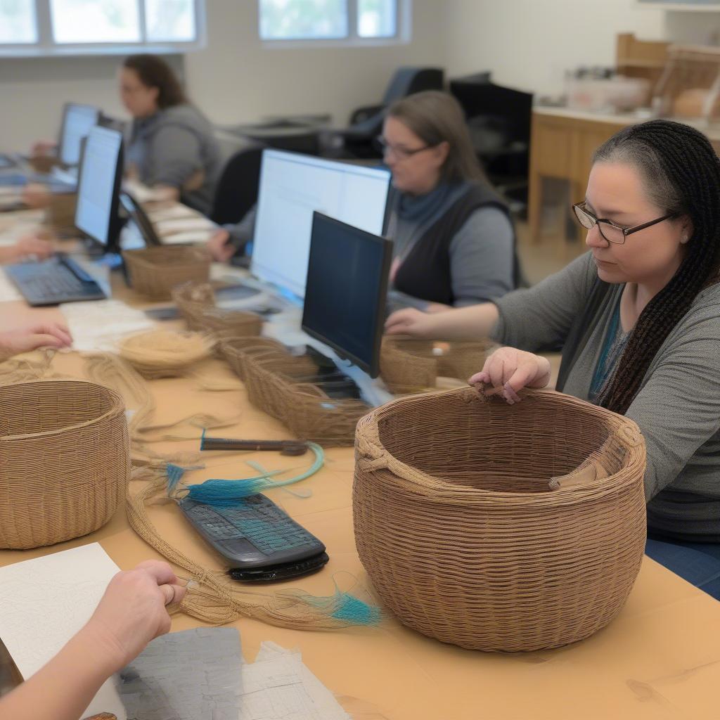 Students participate in an online basket weaving class