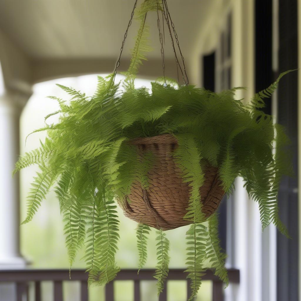 Open weave hanging basket filled with lush ferns hanging on a porch.