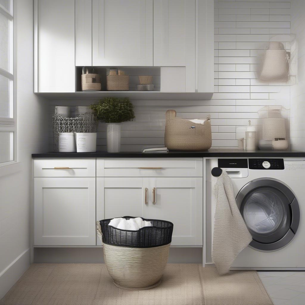 An open weave laundry basket placed in a stylish, modern laundry room.