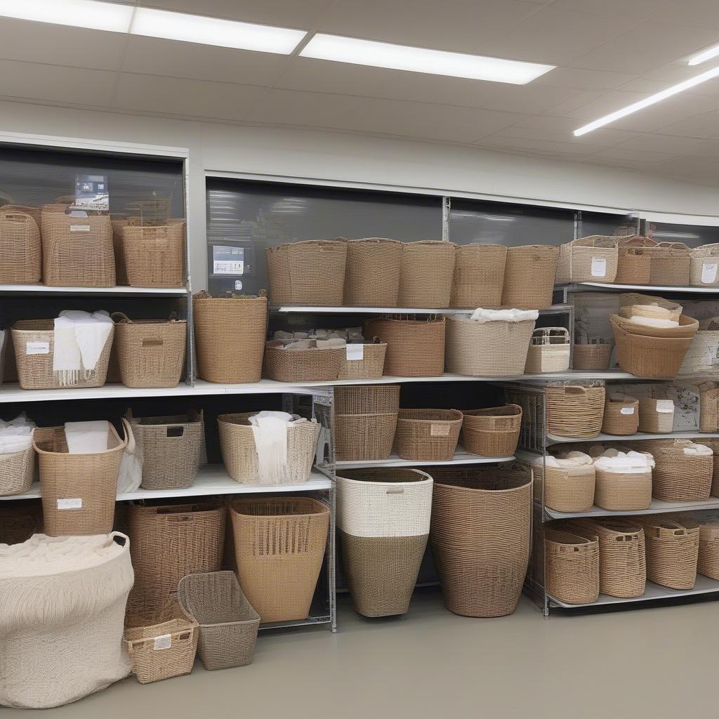 Various open weave laundry baskets at Kmart showcasing different materials, sizes, and styles.