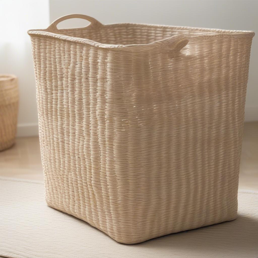 Open weave laundry basket made of natural fiber with clothes inside, placed in a bright laundry room.