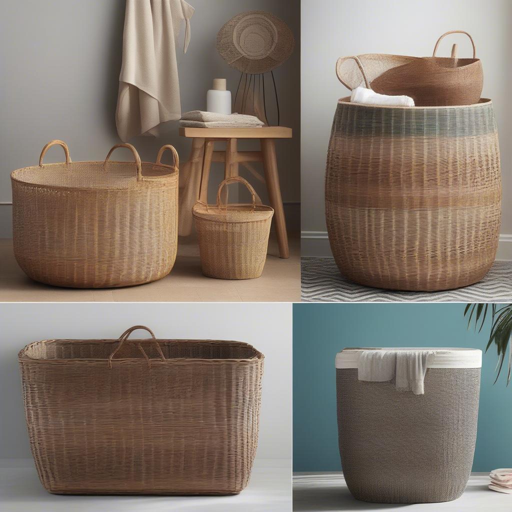 Various open weave laundry baskets made from different materials such as wicker, rattan, seagrass, and plastic.