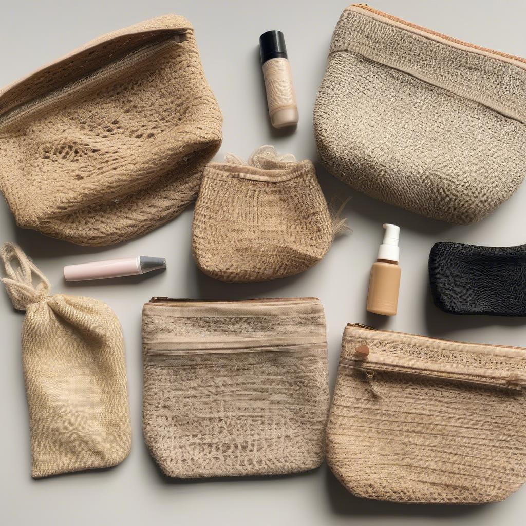 Different materials used for open weave makeup bags: jute, cotton, and nylon.