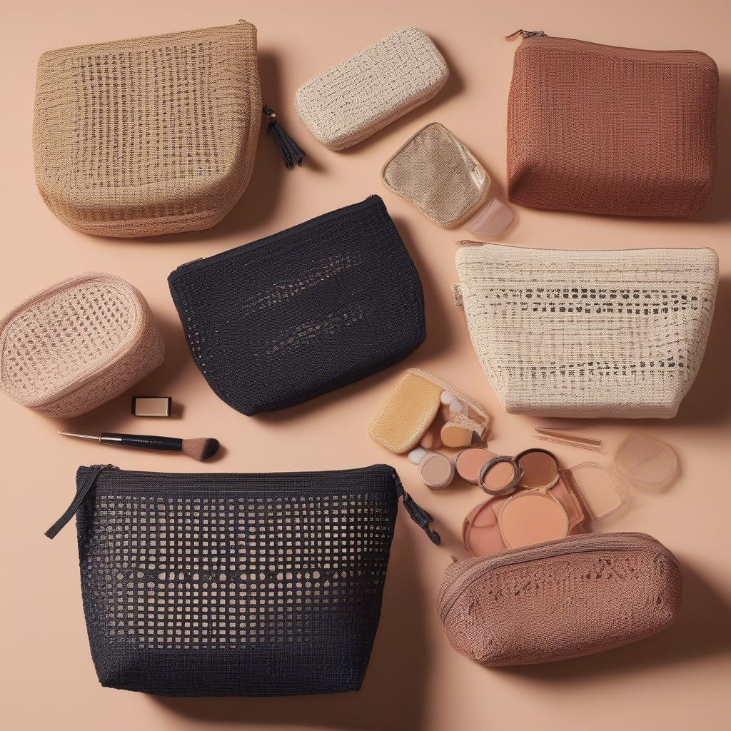 Open weave makeup bags in various sizes and styles, including travel-sized and larger options.