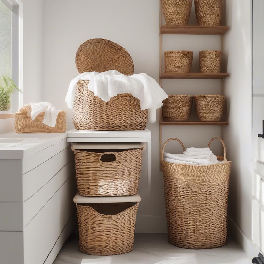 Open weave rattan laundry basket in a naturally lit laundry room, showcasing its airy design and ample storage space.