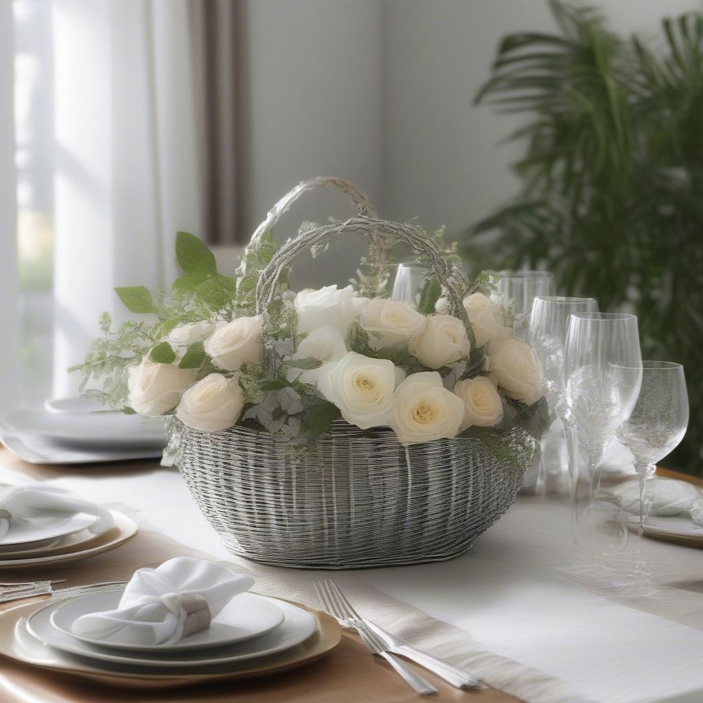 Open weave silver basket used as a decorative centerpiece on a dining table.