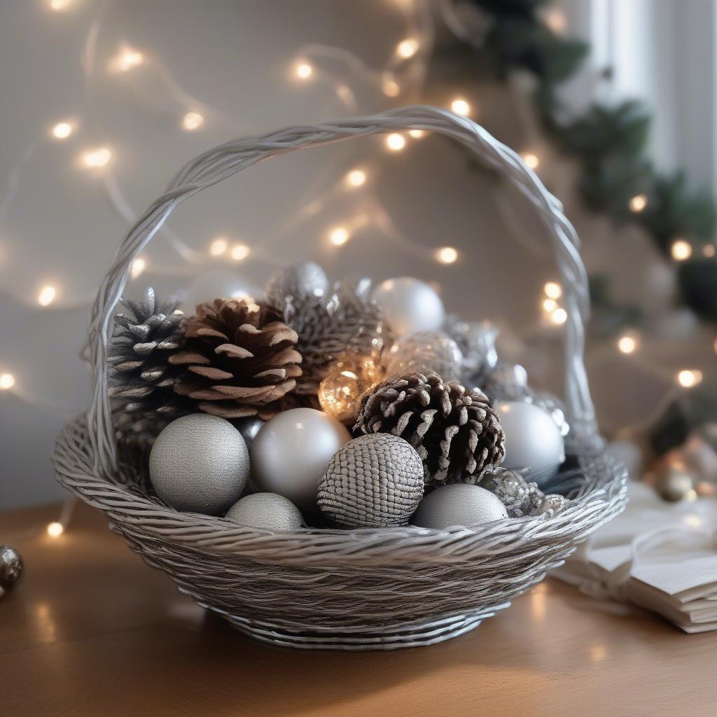 Open weave silver basket displaying seasonal decorations like pine cones and ornaments.