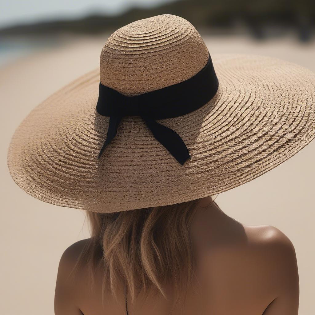 A woman wearing an open weave straw trilby hat at the beach, showcasing its sun protection and stylish appeal.