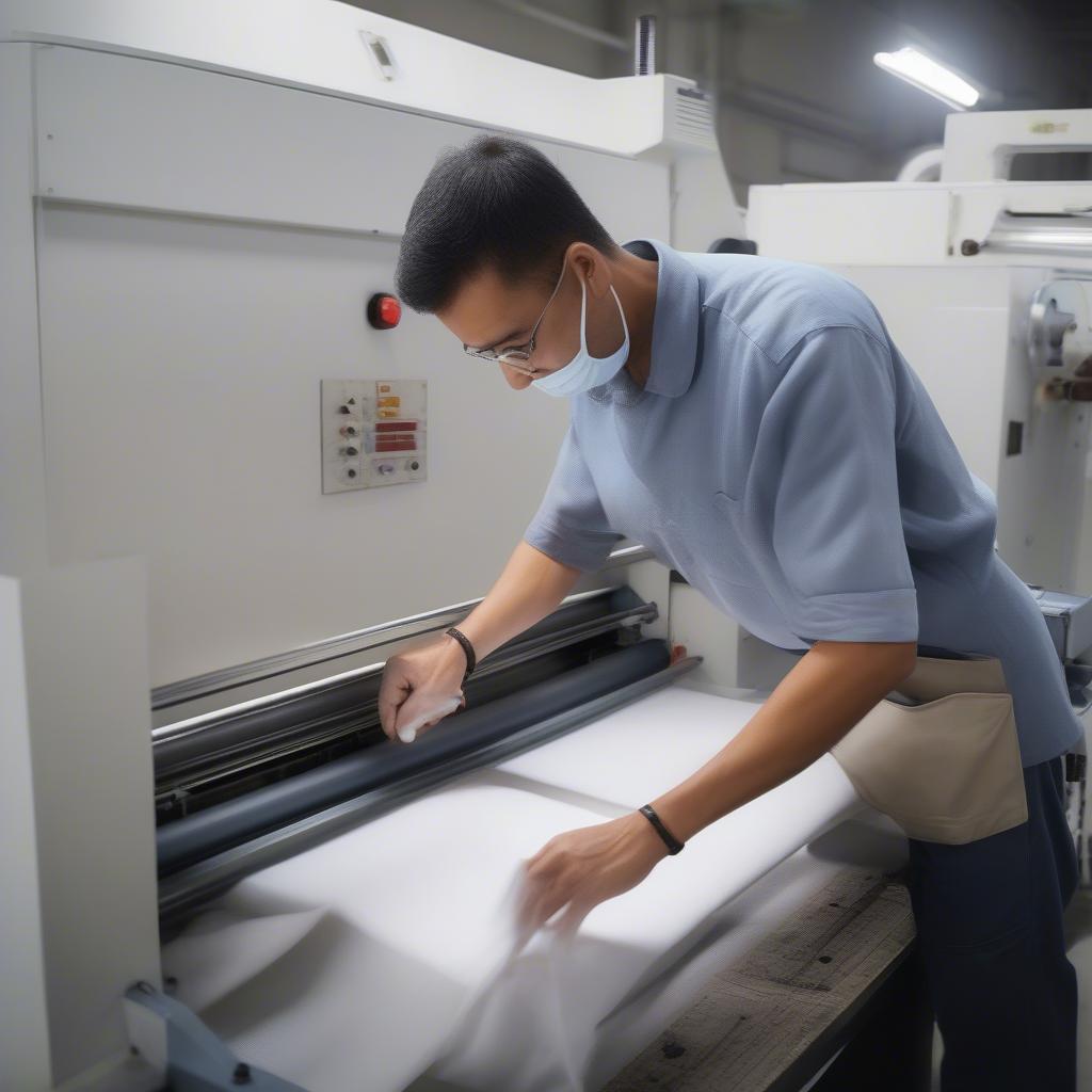 A factory worker operating a non-woven bag creasing machine.