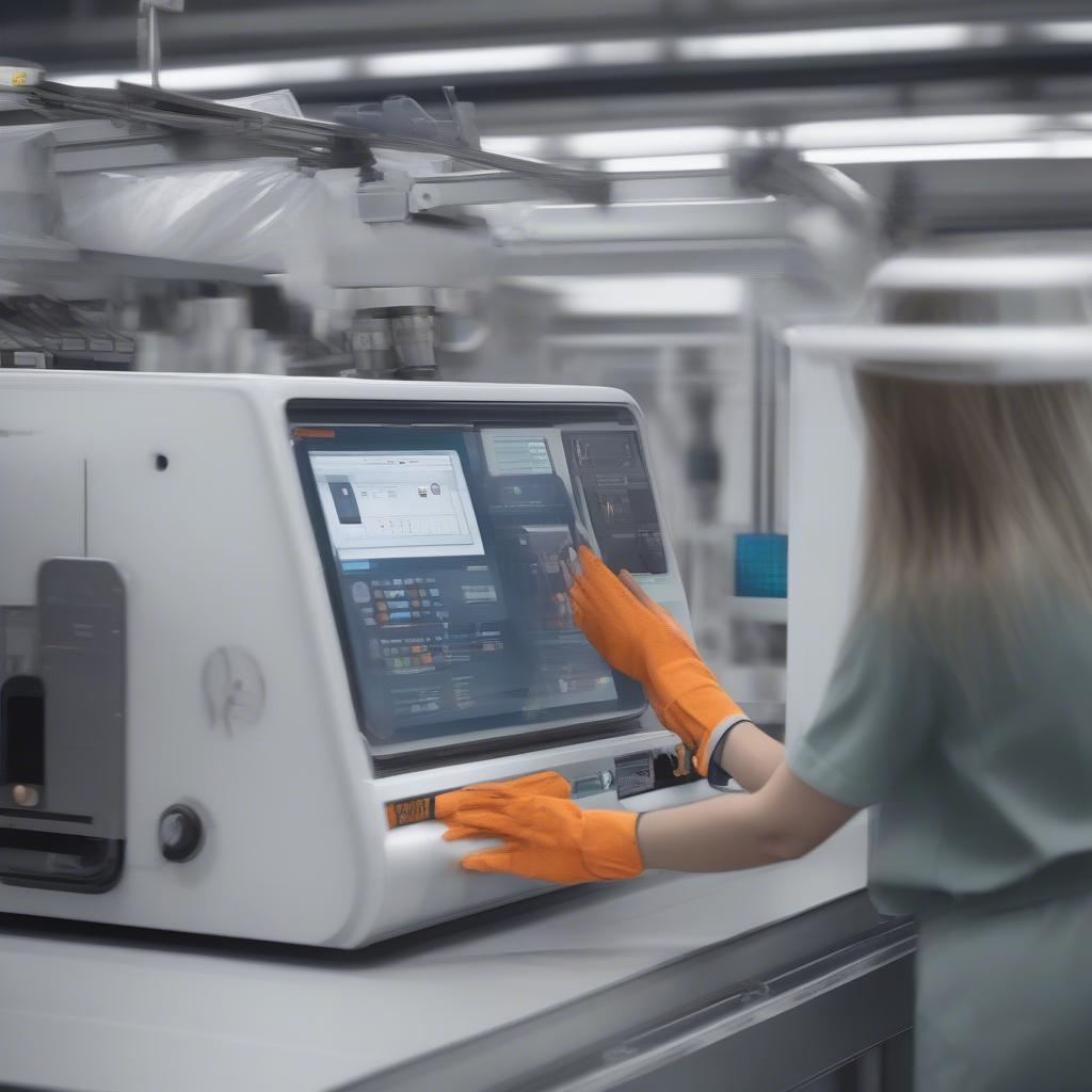 An operator working on a PP woven bag top hemming machine, adjusting settings and monitoring the process.