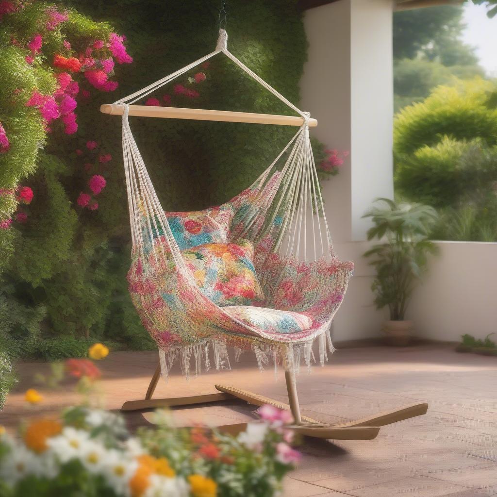 Relaxing in an outdoor hammock weave chair on a patio.