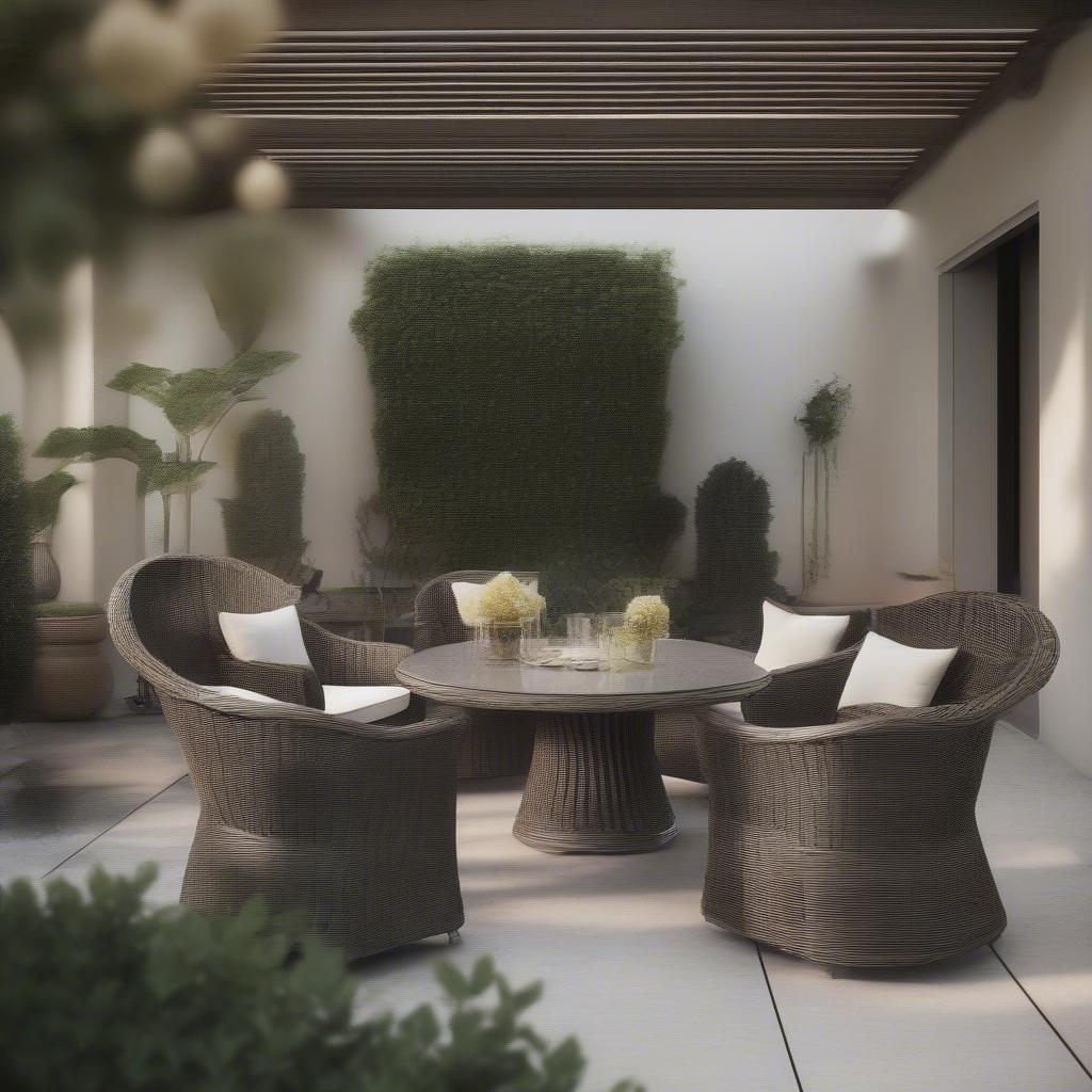 Outdoor Patio with Basket Weave Chairs: Depicts a beautifully arranged patio setting featuring basket weave outdoor chairs, showcasing their integration into a relaxing and stylish outdoor space.