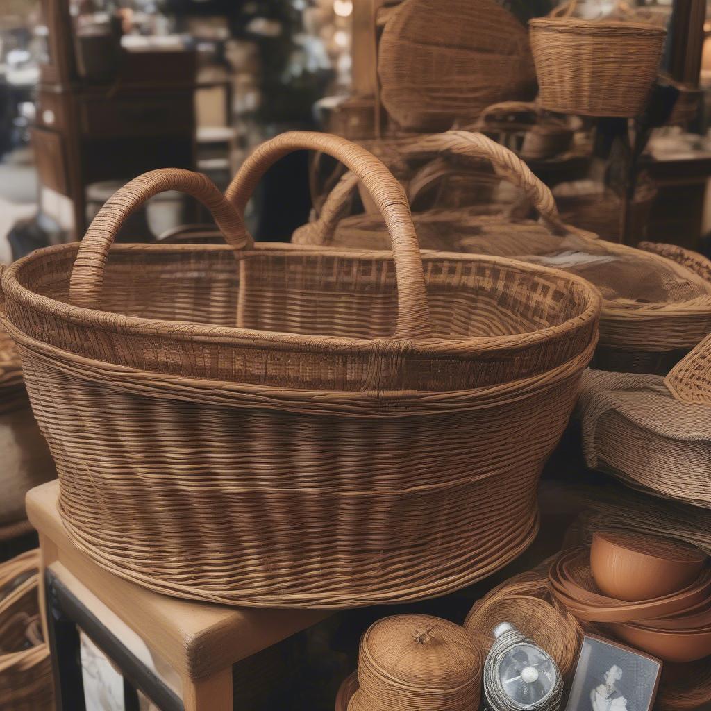 Antique Oval Wicker Basket in a Vintage Market Setting