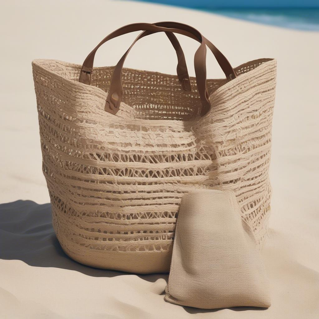 Oversized woven tote bag filled with beach essentials like a towel, sunscreen, and a book, placed on a sandy beach.