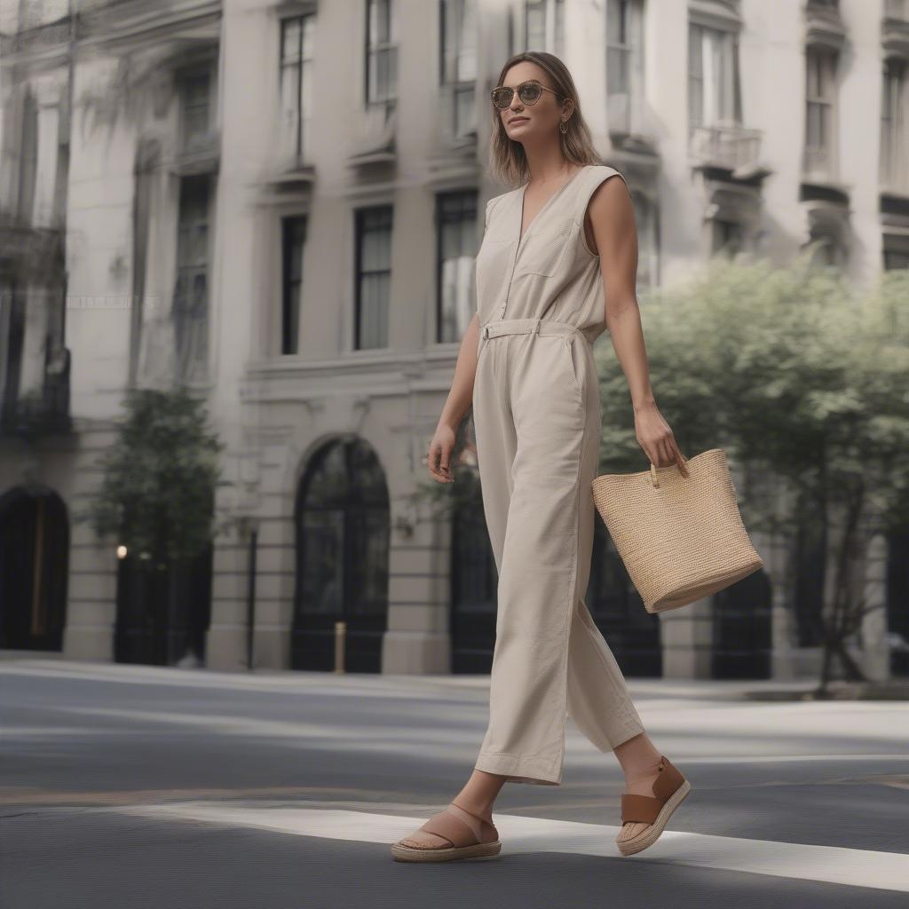 A woman wearing a stylish city outfit, including a tailored jumpsuit and espadrilles, carrying an oversized woven tote bag.