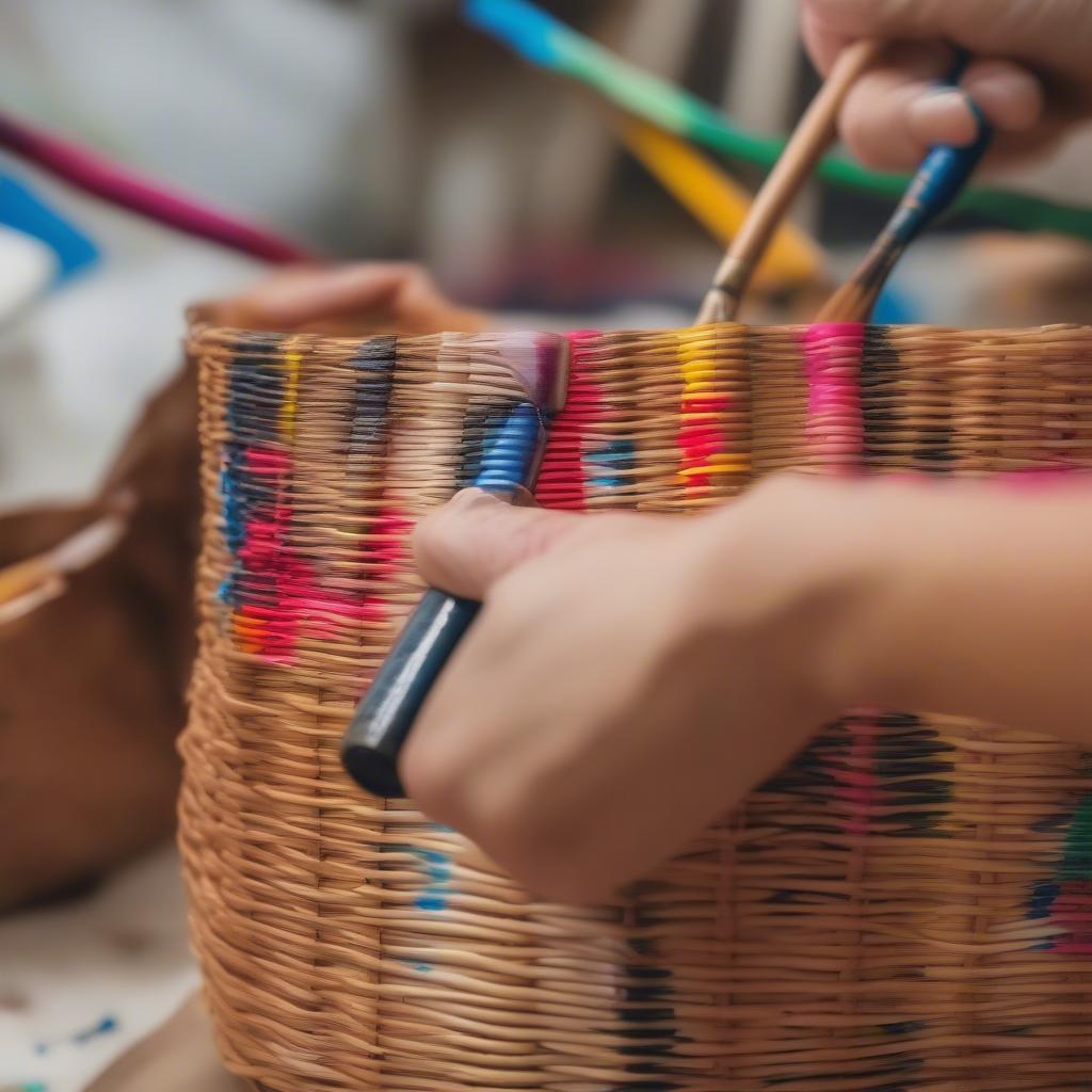 Painting a wicker basket with acrylic paint