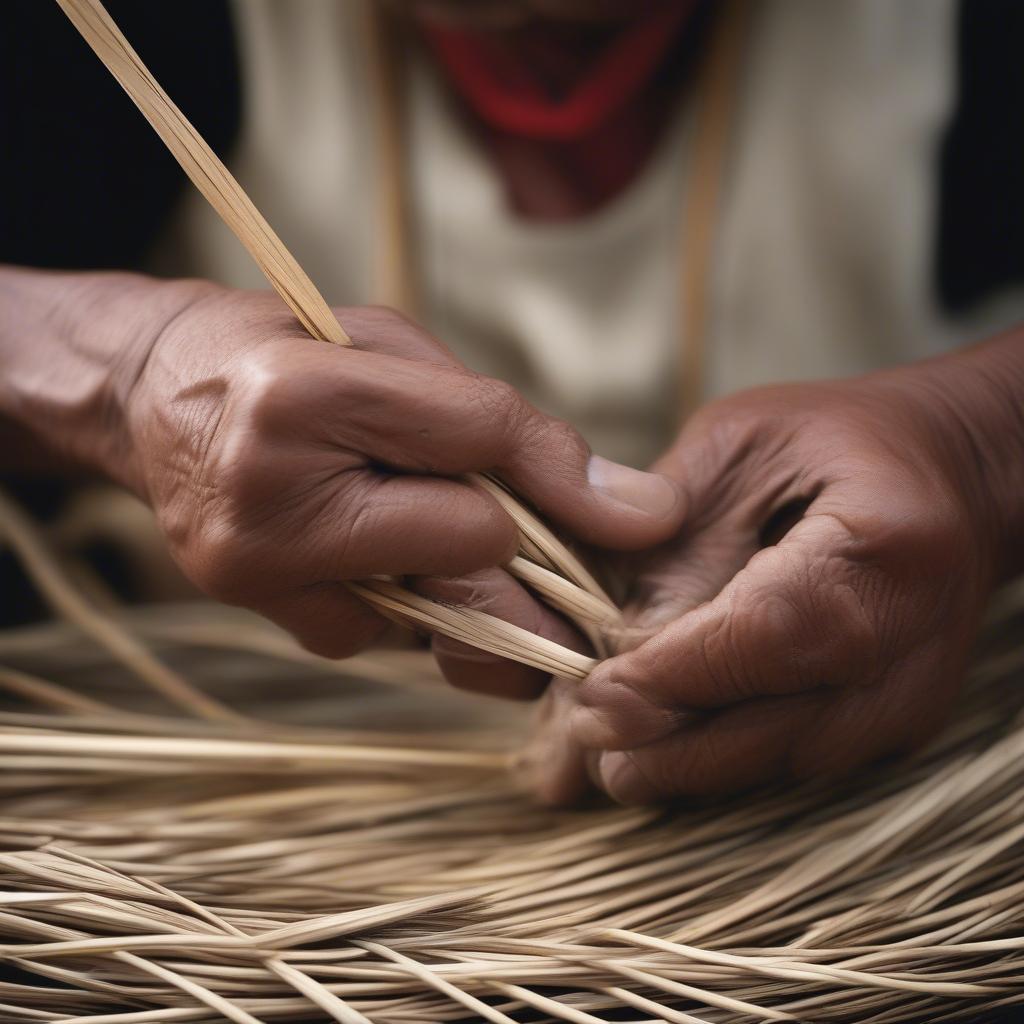 Paiute basket weaver demonstrating traditional twining techniques on a willow basket.